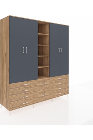 Kronos Dolap 9 Raflı 10 Çekmeceli 2 Askılı 220x59x243 Çam-antrasit/çam Antrasıt/atlas Çam