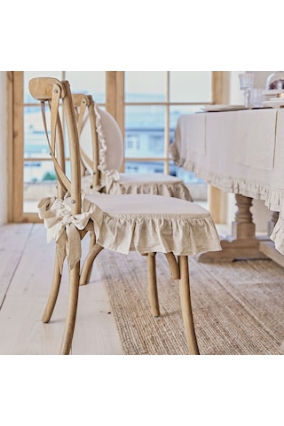 El Yapımı Buldan Yıkanmıs Keten 4 Tarafı Fırfırlı Sandalye Minderi Kılıfı Süngersiz Naturel