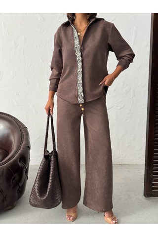 Verymoda Şerit Detaylı Scuba Süet Pantolon F1972 Kahve