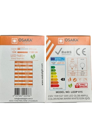 Osaka 15w 100w 3000k Günışığı E27 Duylu G95 Led Glop Ampul