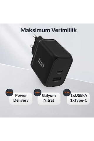 Juo 45W GaN USB-C + USB-A Şarj Aleti iPhone & iPad & Macbook & Samsung Uyumlu PD Type-C Hızlı Şarj Cihazı Siyah