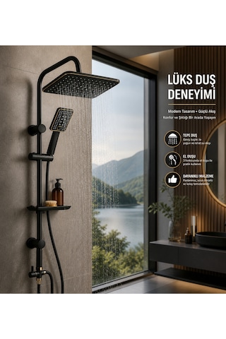 Lüx Premium Siyah Robot Duş Seti Tepe Yağmurlama El Duşu Kare Siyah Robot Set