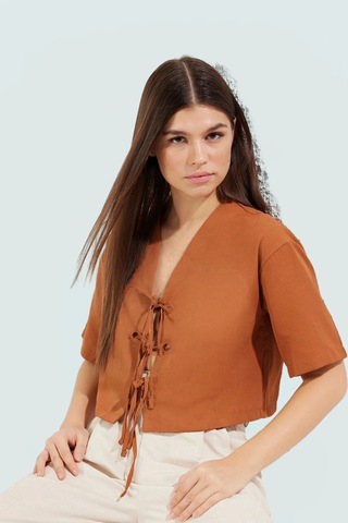 Ersefa Önden Bağcıklı Crop Bluz V Yaka Dokuma Terrycotton Kumaş Rahat Gü Kahverengi