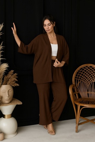 Bürümcük Kumaş Kimono Hırka Alt-üst Takım M-6xl Kahverengi