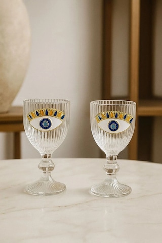 6 Lı Kristal Cam Kahve Yanı Su Bardağı Nazar Göz Bardak 75ml Cam - Şeffaf