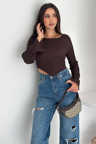 Noa & Noa İspanyol Kol Ribanalı Sivri Etek Uçlu Crop Bluz Modern & Vücuda Oturan Stil Kahverengi
