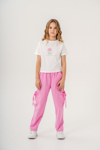 Mısstuffy Kız Çocuk Pamuklu T-shirt Keten Pantalonlu Yazlık Takım 6-9 Yaş Pembe - Beyaz