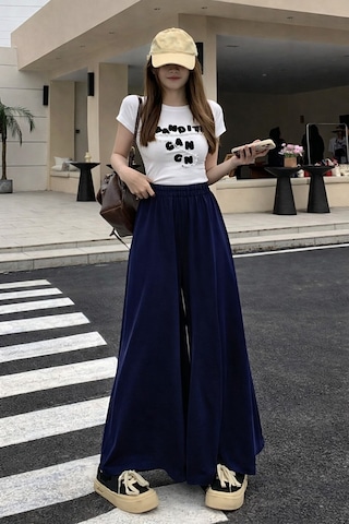 Tarz Cool Kadın 2 İplik Oversize Bol Paça Tasarım Eşofman Altı Yüksek Bel Rahat Model Lacivert
