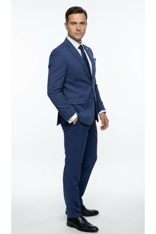 Plus Scorpion Erkek Slim Fit Ceket Likralı Fitilli Kumaş, Çift Düğmeli Tek Yırtmaçlı Modern Tasarım Mavi