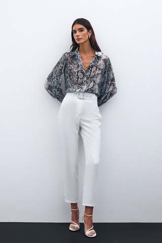 Sateen Yüksek Bel Kemerli Pantolon - Ekru