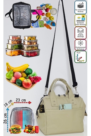 Sıcak, Soğuk Isı Yalıtımlı Termal Termoslu Yemek, Mama, Beslenme, Gıda İçin Askılı Taşıma Çantası Krem