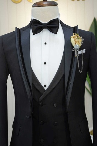 Bys Beystil Erkek Siyah Slimfit Yelekli Damatlık & Smokin 76016