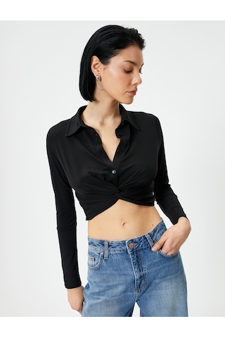 Koton Crop Gömlek Slim Fit Bağlama Detaylı Klasik Yaka Siyah 4sak60019ek 4SAK60019EK999 Siyah