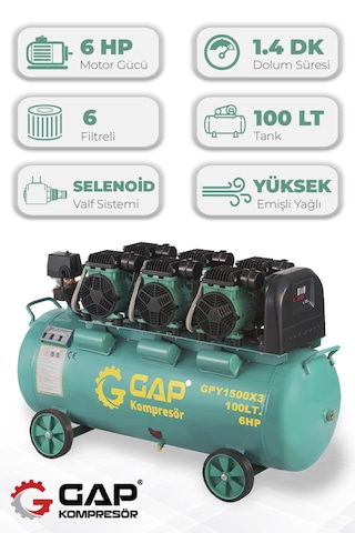 Gap Kompresör Gpy 1500x3 Hava Kompresörü Yüksek Emişli Yağsız Teknoloji 100 L