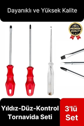 Premium Dayanıklı Ergonomik Vidalama Tamir Tadilat Yıldız Düz Kontrol Kalemi 3'lü Tornavida Seti