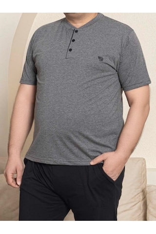 Erkek Geniş Kalıp %100 Pamuk Kısa Kol Cepli Büyük Beden Pijama Takımı Antrasit