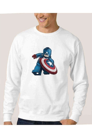 Captain America Lego Baskılı Beyaz Erkek Örme Sweatshirt