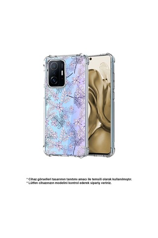 Oppo A94 Uyumlu Köşe Korumalı Floral Lila Tasarımlı Şeffaf Silikon Kılıf