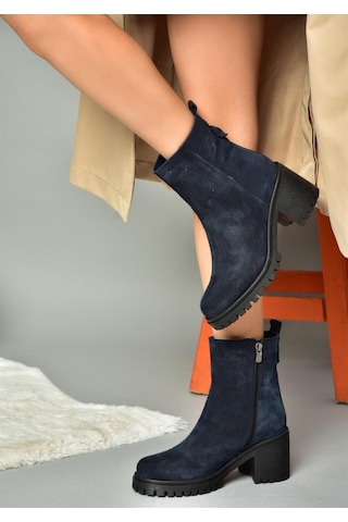 Fox Shoes R654006502 Lacivert Hakiki Deri Süet Kalın Topuklu Kadın Bot Lacivert