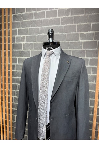 Dupont Classics Dupont Slim Fit Sivri Yaka 6 Drop Çift Yırtmaç Torba Cep Puntolu 2'li Takım Elbise Koyu Gri