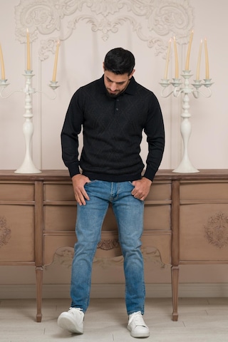Woolen World Polo Yaka Desenli Yünlü Erkek Triko Kazak Lacivert