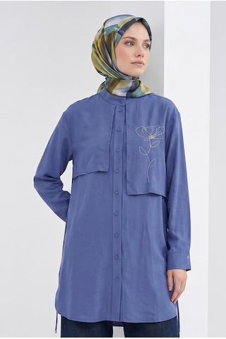 Armine Trend Aller Detaylı Beli İpli Çiçek Desen İşlemeli Tunik İndigo 26yt407