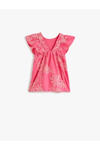 Koton Elbise Çiçek İşlemeli Kolsuz Fırfır Detaylı Yuvarlak Yaka Pamuklu Pembe Desenli 4smg80036aw Pembe