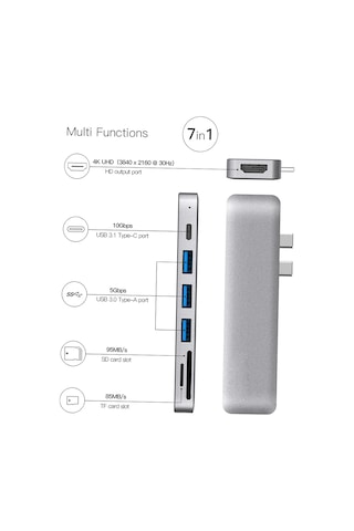 Springsun Çift Usb-c Bağlantı Noktalı Alüminyum Alaşımlı 7'si 1 Arada Çoklu Bağlantı Noktalı Hub 4k Video Hd Çıkış Bağlantı