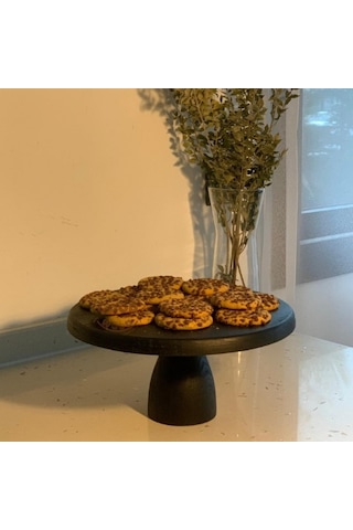 Lucca Siyah 29 Cm Ahşap 12 Cm Ayaklı Yuvarlak Pasta Sunum Tabağı