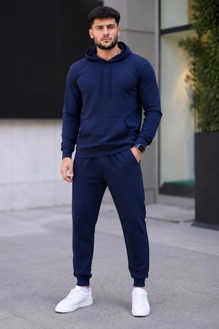 Moda Erkek İki İplik Kapüşonlu Kanguru Cepli Sweatshirt Jogger Pantolon Alt Üst Eşofman Takımı - Lacivert Çok Renkli