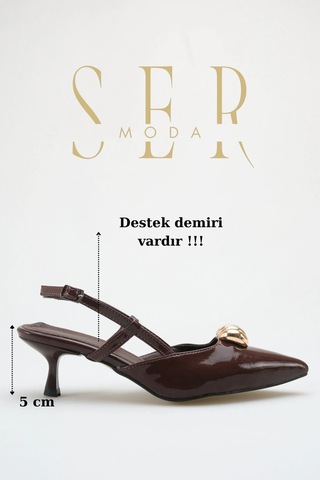 Sermoda Topuklu Kadın Ayakkabı - 5 Cm İnce Topuklu Sivri Burun Kadın Stiletto Ayakkabı Rugan Kahve