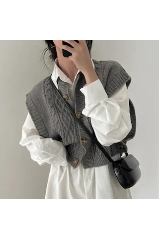 Koyu Kahverengi Kore Şık Vintage Büküm Kolsuz Kazak Yelek Kadın Sonbahar Kış Örme Yelek Yelekler Kadın Düğme O Boyun Triko 29143 Koyu Kahverengi