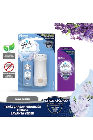 Glade Banyo Cihaz + Yedek Temiz Çarşaf Ferahlığı ve Yedek Lavanta Seti