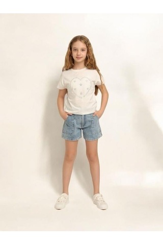 Escabel Kız Çocuk Pamuklu Yuvarlak Yaka Yarım Kol Taşlı T-shirt-15669 Ekru