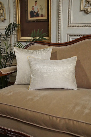 Kırlent Kılıfı Çizgili Desenli Jakarlı Dokuma Kumaş 2'li 45x45 Ve 35x50 Çift Taraflı Biyeli Vizon