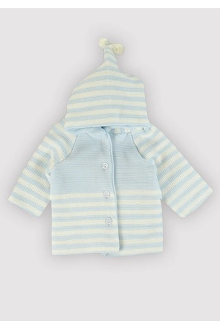 Örgü Kapşonlu Çizgili Çift Kat Hırka Gri