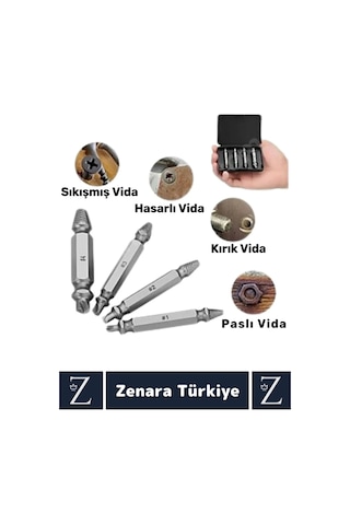 Dayanıklı Matkap Tornavida Uyumlu Hasarlı Paslı Kırık Yamuk Vida Sökme Çıkarma 4 Farklı Uçlu Set