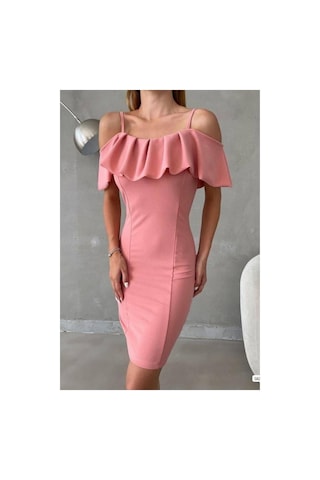 Lior Design Kadın Sade Madonna Yaka Volanlı Abiye Elbise Pudra