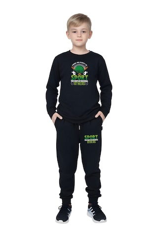 3 Lü Erkek Çocuk Baskılı Kanguru Cepli Kapüşonlu/sıfır Yaka Eşofman Takımı Siyah