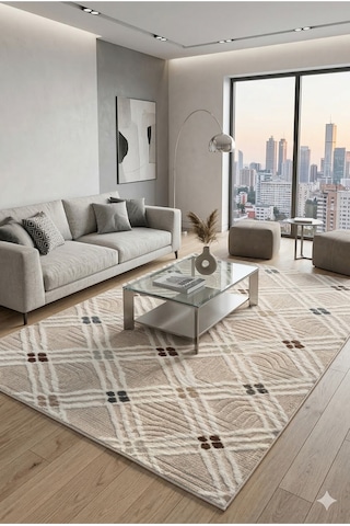 Modern Geometrik Desenli Bej Halı Soft Renkli Salon Halısı Dekoratif Kaymaz Tabanlı Halı Fch3010 Bej