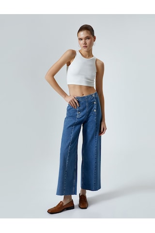 Koton Geniş Kısa Paça Kot Pantolon Düğmeli Yüksek Bel - Sandra Jeans Orta İndigo 4sal40087md 4SAL40087MDMID İndigo