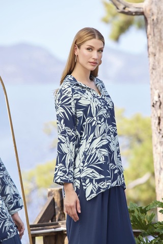 Monamise Kadın Yaprak Desenli Uzun Kollu Gömlek Yaka Alt Üst Takım 25016 Lacivert