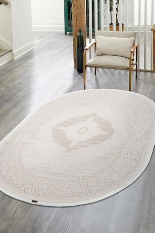 Truva 8342 Oval Krem Halı Bej Kalın Akrilik Tozuaz Modern Klasik Oval Salon Halısı Koridor-1069 Krem