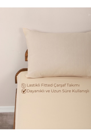 Bej Tek Lastikli Çarşaf Takımı Fitted Pamuklu Kumaş Yastık Kılıflı