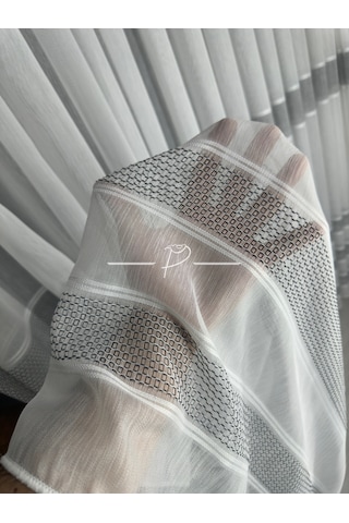 Tül Perde Monalisa Desen Bantlı Şerit Armür Etek Kurşun Sarım Ekru