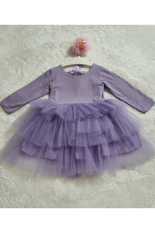 Kız Çocuk Kat Kat Tütülü Pamuklu Uzun Kollu Mor Özel Gün Abiye Doğum Günü Günlük Prenses Elbise Mor