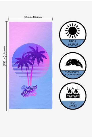 MIAMI BEACH Dijital Baskılı 75x150 Cm Plaj Havlusu Mor
