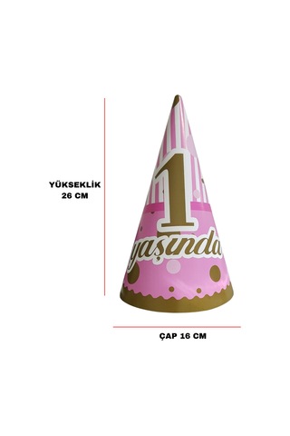 1 Yaş Temalı Pembe Karton Parti Şapkası 8 Adet Tüm Yaşlar