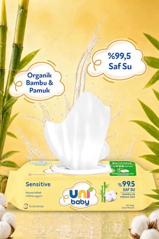 Uni Baby Sensitive Bambu & Pamuk Özlü Islak Bebek Mendil 12x50 600 Yaprak 12'li Set
