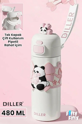 Dıller 480 Ml Tek Kapak Çift Kullanım Pipetli/pipetsiz Taşıma El Askılı Vacum Cup/çelik Termos -ffd9317-480 Beyaz